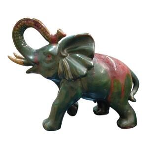 Old Art Pottery Elephant Green And Red Glaze With Trunk Up
